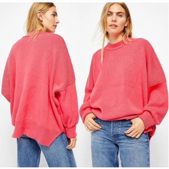 Free People Easy Street Oversized Bright Hot Pink Pullover Crewneck Sweater XL - Picture 1 of 11